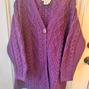 Aran Crafts Purple Cable Knit Cardigan. Made in Ireland. 100% Merino Wool